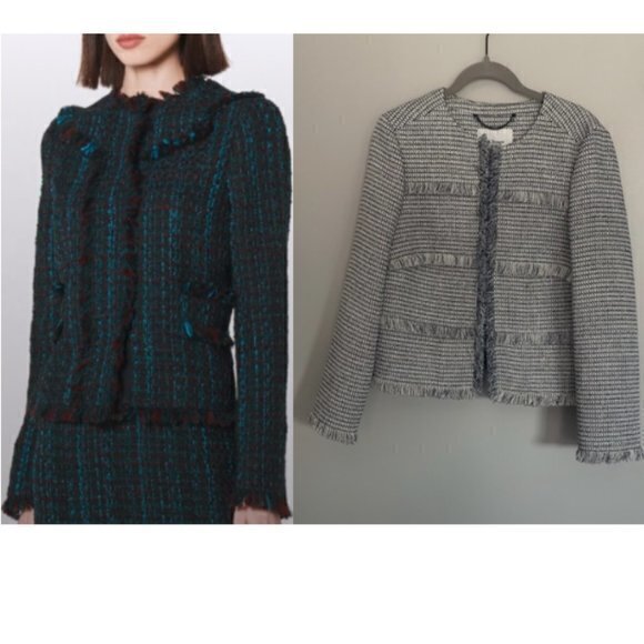 LK Bennett Jacket JK Josie Fringe Zip Up in Blue White Tweed - Picture 1 of 7